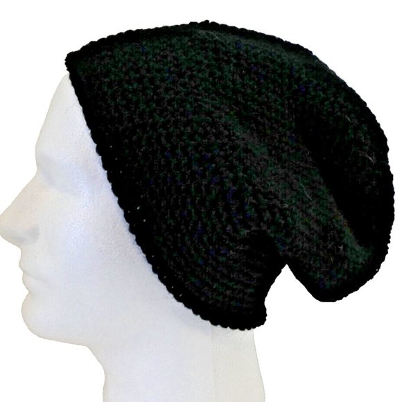 Black Wool Slouch Baggy Beanie Hat Dreads Cap Handmade Crochet Hand Knit OS - Picture 3 of 10